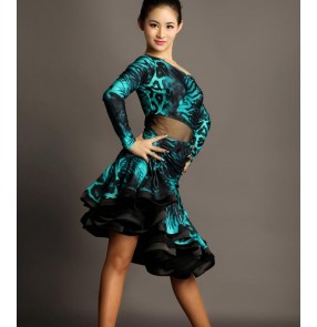 Black leopard velvet long sleeves inclined shoulder leotards tops women's ladies female competition ballroom latin dance dresses sets